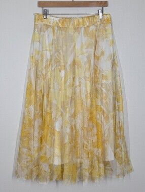 NWT Cato Yellow Abstract Watercolor Floral Midi Skirt Mesh Overlay Flowy Boho S